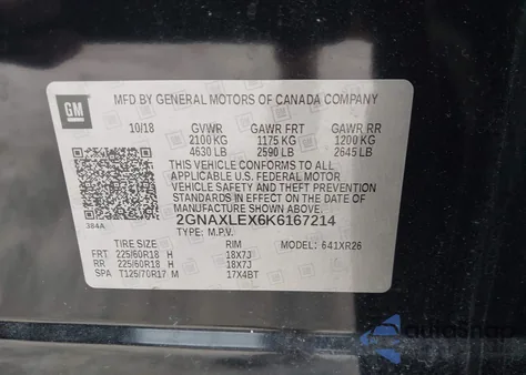 2019 Chevrolet Equinox Lt из США, поврежденный, VIN 2GNAXLEX6K6167214